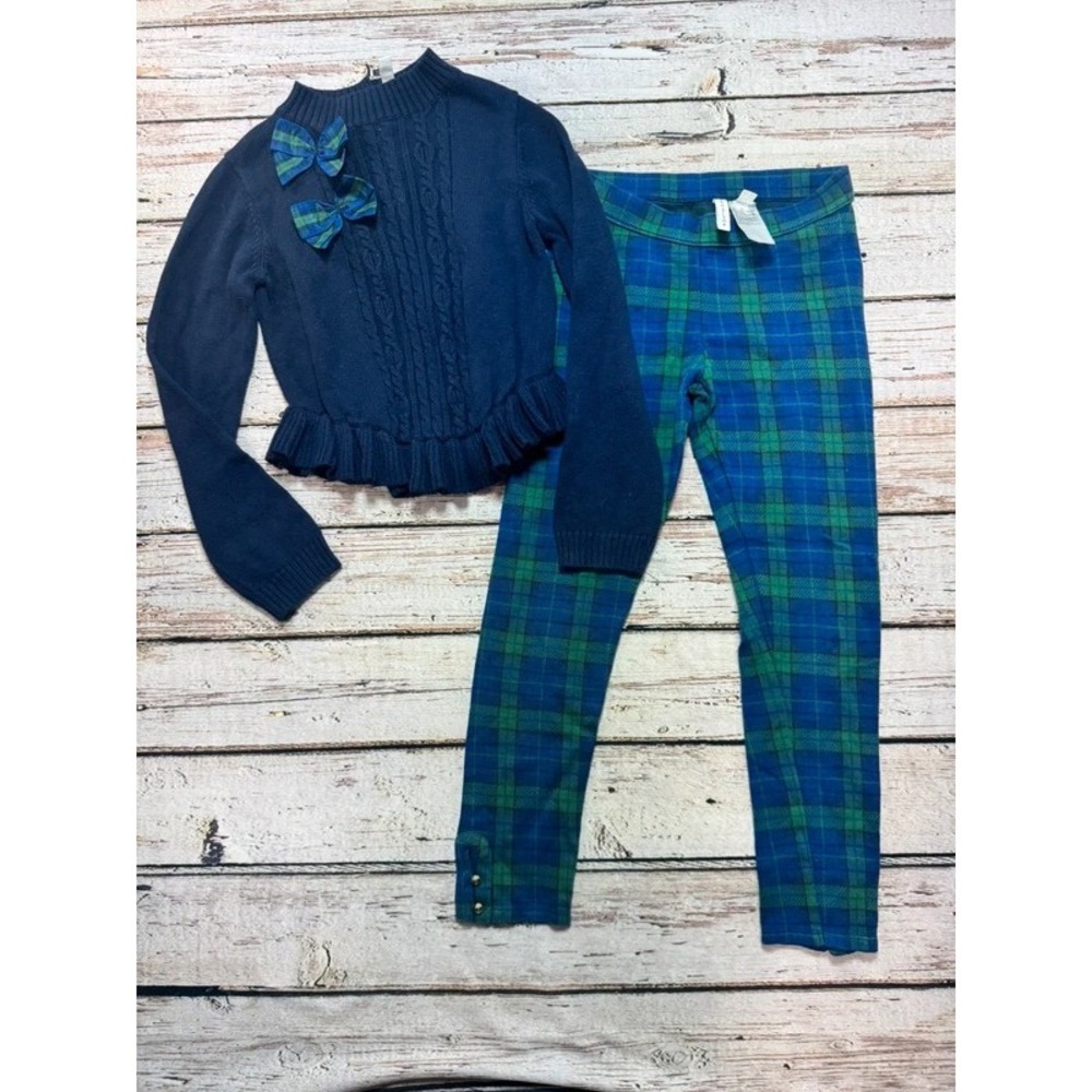 Janie and Jack sz 10 Girls Blue Plaid Sweater and Leggings Set